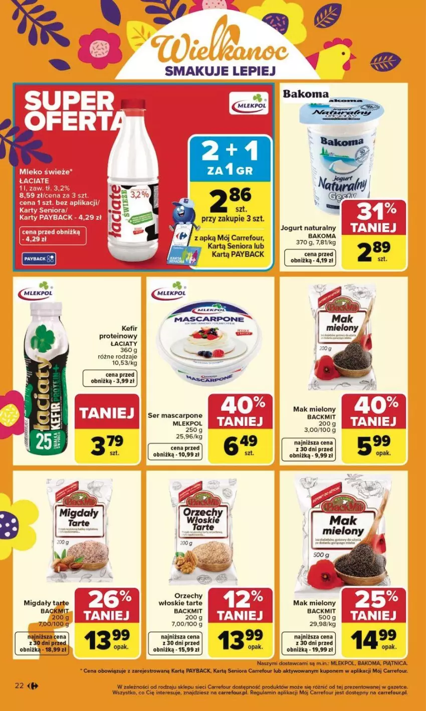 Gazetka promocyjna Carrefour - Gazetka Carrefour, Market od poniedziałku! - ważna 23.03 do 29.03.2026 - strona 28 - produkty: Bakoma, Fa, Gra, Jogurt, Jogurt naturalny, Kefir, Mak mielony, Mascarpone, Migdały, Piątnica, Ser