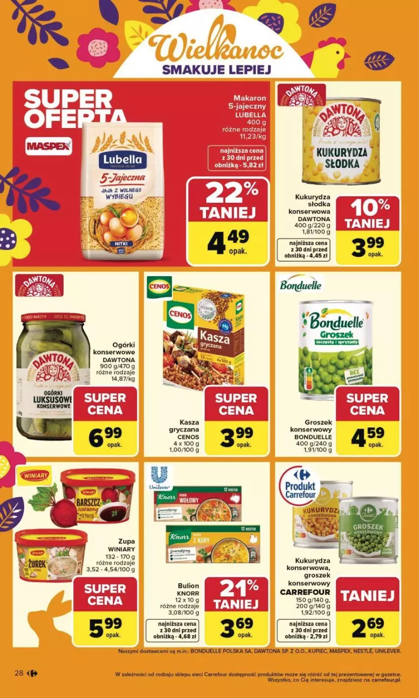 Gazetka promocyjna Carrefour - Gazetka Carrefour, Market od poniedziałku! - ważna 23.03 do 29.03.2026 - strona 34 - produkty: Bell, Bella, Bonduelle, Bulion, Cenos, Dawtona, Groszek, Gry, Jaja, Kasza, Knorr, Kukurydza, Kukurydza konserwowa, Kupiec, Lion, Lubella, Makaron, Piec, Ser, Winiary, Zupa