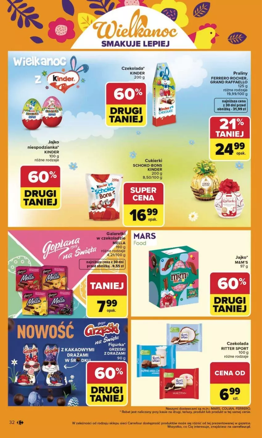 Gazetka promocyjna Carrefour - Gazetka Carrefour, Market od poniedziałku! - ważna 23.03 do 29.03.2026 - strona 38 - produkty: Cukier, Cukierki, Czekolada, Fa, Ferrero, Ferrero Rocher, Gala, Galaretki, Gra, Kinder, Por, Praliny, Raffaello, Ritter Sport, Sport