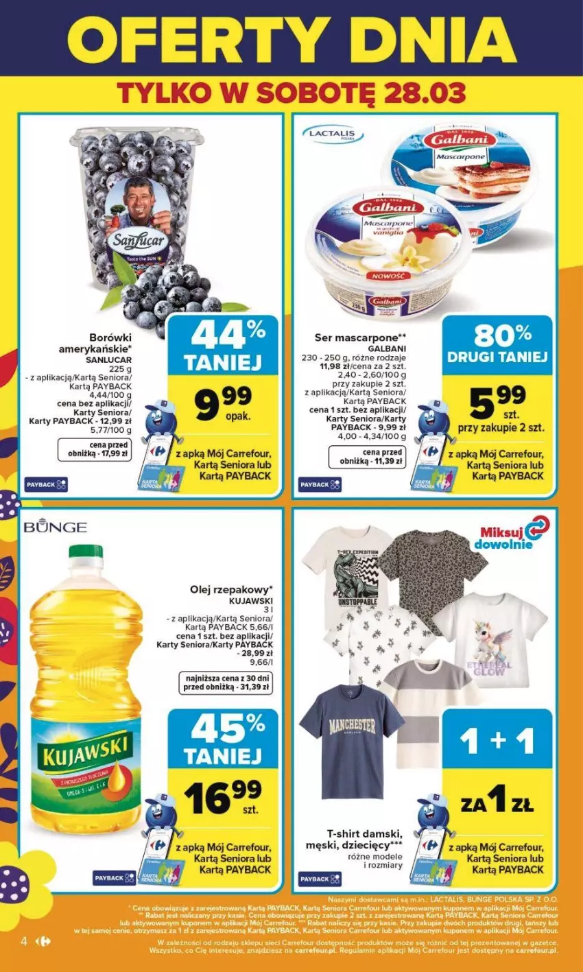 Gazetka promocyjna Carrefour - Gazetka Carrefour, Market od poniedziałku! - ważna 23.03 do 29.03.2026 - strona 6 - produkty: Dzieci, Galbani, Kujawski, Mascarpone, Olej, Olej rzepakowy, Ser, T-shirt