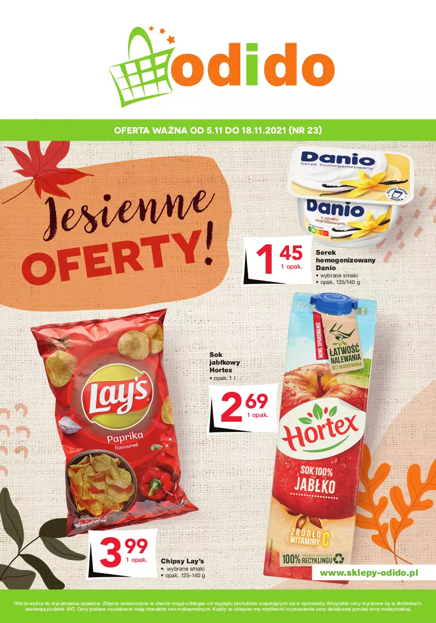 Gazetka promocyjna Odido - Plakat - ważna 05.11 do 18.11.2021 - strona 1 - produkty: Chipsy, Danio, Hortex, Lay’s, Ser, Serek, Serek homogenizowany, Sok, Sok jabłkowy