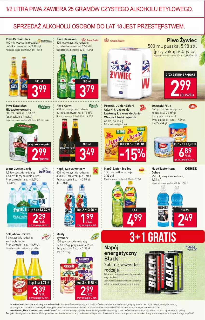 Gazetka promocyjna Stokrotka - Supermarket - ważna 24.08 do 30.08.2023 - strona 20 - produkty: Captain Jack, Fa, Felix, Gra, Heineken, Hortex, Ice tea, Karmi, Kasztelan, Krakersy, Kubuś, Kubuś Waterrr, Lack, Lajkonik, Lipton, Mango, Mięso, Mus, Napój, Napój energetyczny, Napój izotoniczny, Orzeszki, Oshee, Owoce, Piwa, Piwo, Por, Precelki, Sok, Tymbark, Warzywa, Woda