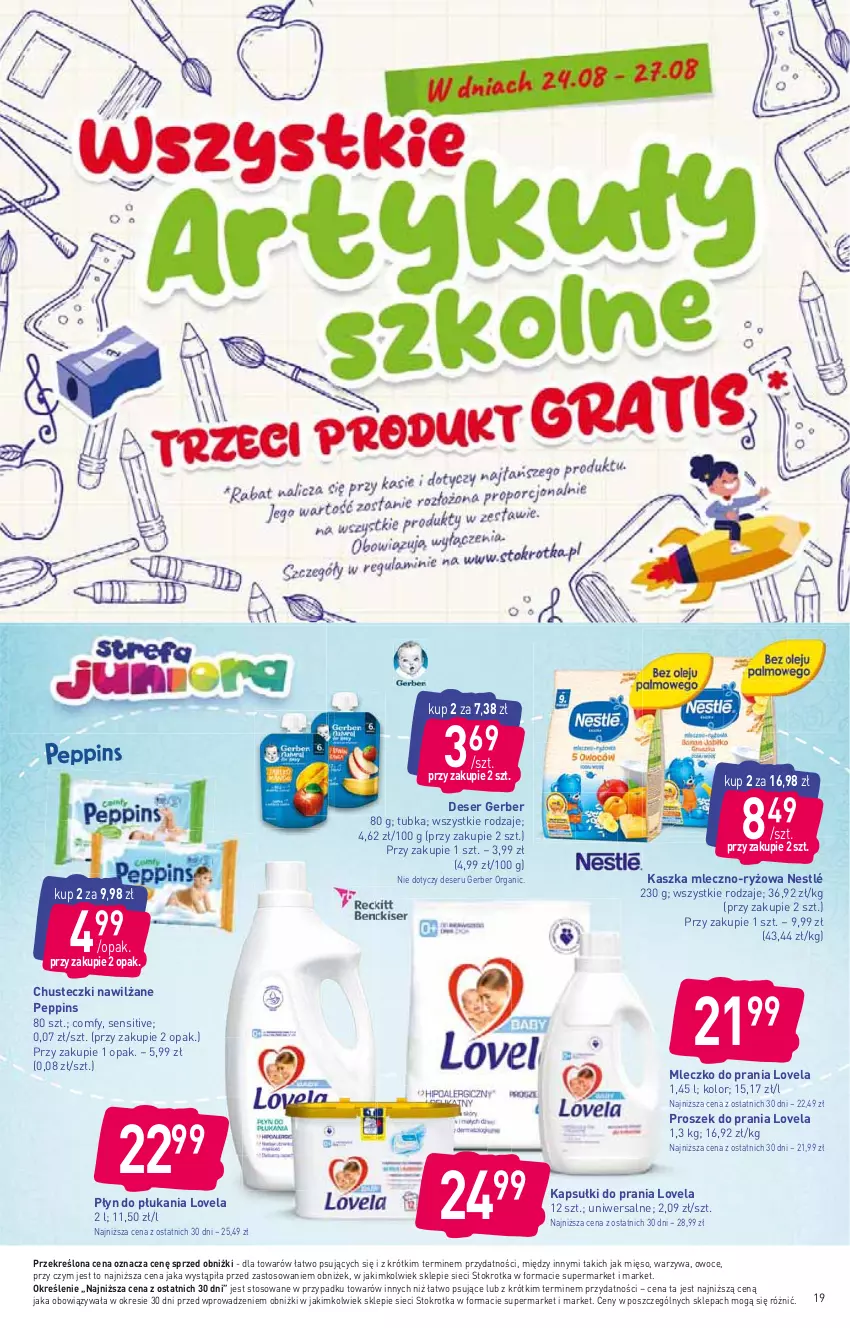 Gazetka promocyjna Stokrotka - Supermarket - ważna 24.08 do 30.08.2023 - strona 23 - produkty: Chusteczki, Deser, Gerber, Kapsułki do prania, Lovela, Mięso, Mleczko, Mleczko do prania, Nestlé, Owoce, Płyn do płukania, Proszek do prania, Ryż, Ser, Warzywa