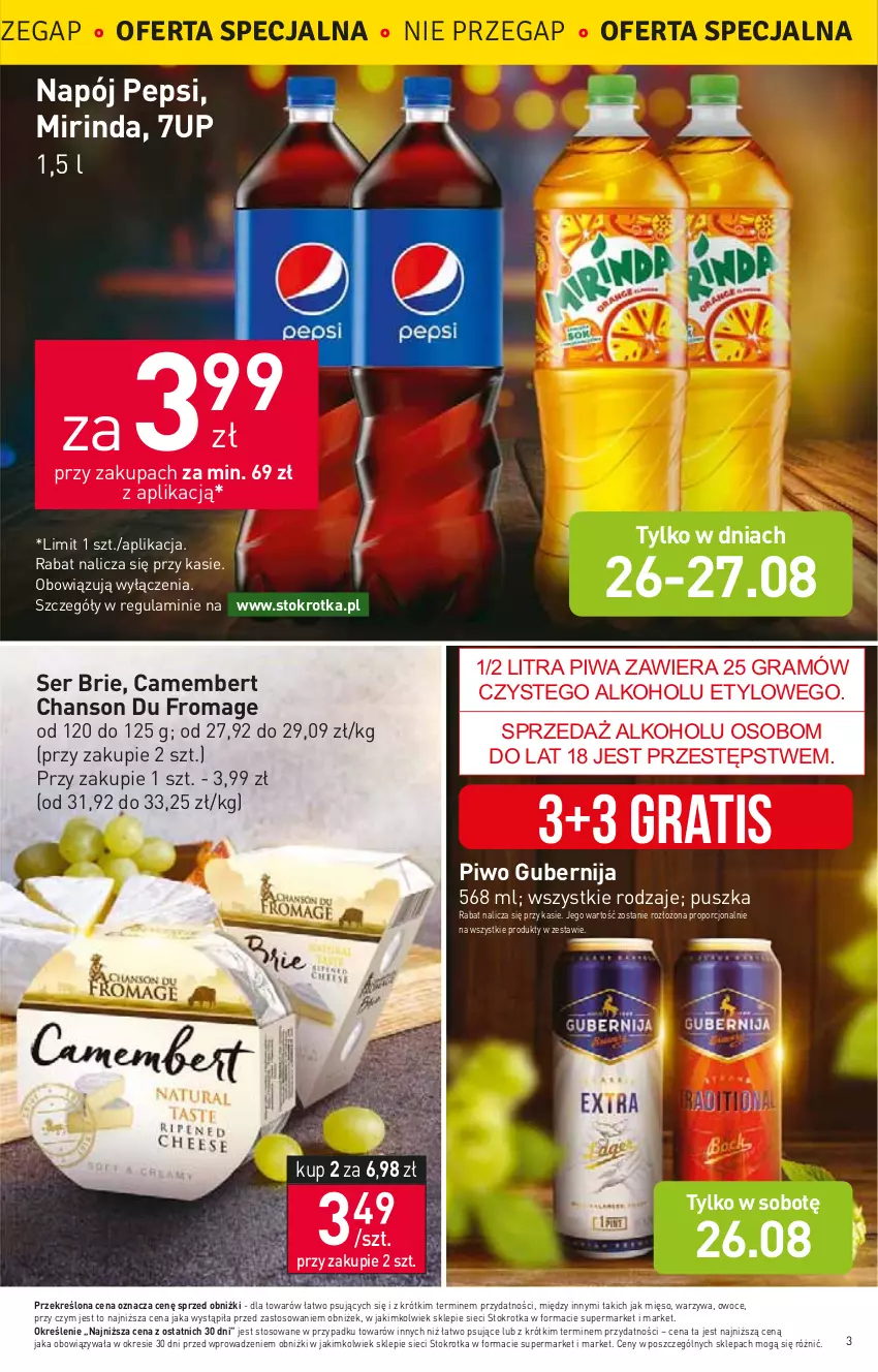 Gazetka promocyjna Stokrotka - Supermarket - ważna 24.08 do 30.08.2023 - strona 3 - produkty: 7up, Brie, Camembert, Gra, Mięso, Mirinda, Napój, Owoce, Pepsi, Piwa, Piwo, Por, Ser, Warzywa