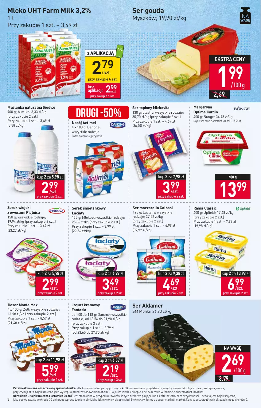 Gazetka promocyjna Stokrotka - Supermarket - ważna 24.08 do 30.08.2023 - strona 8 - produkty: Actimel, Danone, Deser, Fa, Fanta, Farm Milk, Galbani, Gouda, Jogurt, Margaryna, Maślanka, Mięso, Mleko, Mlekovita, Monte, Mozzarella, Mysz, Napój, Optima, Optima Cardio, Owoce, Piątnica, Rama, Ser, Ser topiony, Serek, Serek wiejski, Top, Warzywa, Zott