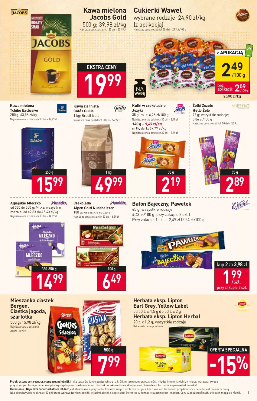 Gazetka promocyjna Stokrotka - Supermarket - ważna 24.08 do 30.08.2023 - strona 9 - produkty: Baton, Ciastka, Cukier, Cukierki, Czekolada, Earl Grey, Herbata, Jacobs, Jeżyki, Kawa, Kawa mielona, Kawa ziarnista, Lipton, Mięso, Milka, Mleczko, Owoce, Ser, Stek, Szarlotka, Tchibo, Warzywa, Wawel