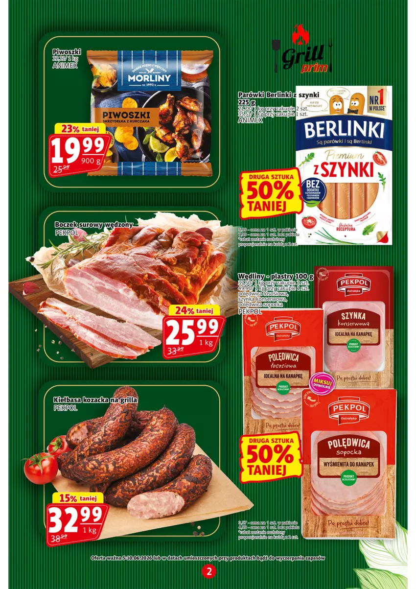 Gazetka promocyjna Prim Market - ważna 05.06 do 10.06.2026 - strona 2 - produkty: Berlinki, Boczek, Parówki, Pekpol