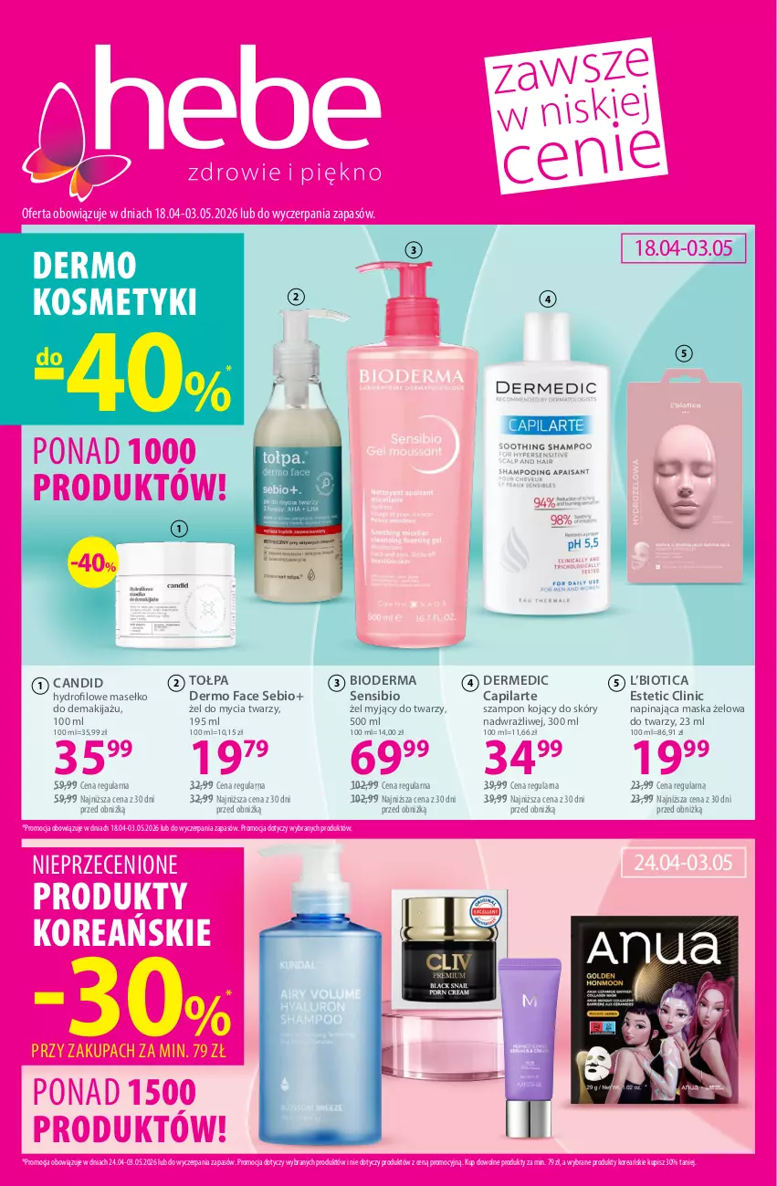 Gazetka promocyjna Hebe - Gazetka - ważna 18.04 do 03.05.2026 - strona 1 - produkty: Bioderma, Capilarte, Clin, Dermedic, Fa, Makijaż, Maska, Szampon, Tołpa