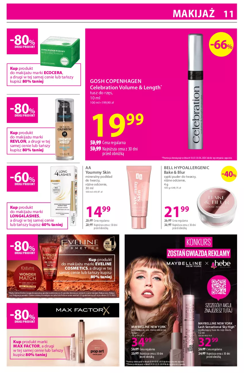 Gazetka promocyjna Hebe - Gazetka - ważna 18.04 do 03.05.2026 - strona 11 - produkty: Bell, Bell HypoAllergenic, Eveline, Fa, Gosh, Lack, Makijaż, Max Factor, Maybelline, Podkład, Podkład do twarzy, Puder, Puder do twarzy, Revlon, Sati, Tusz