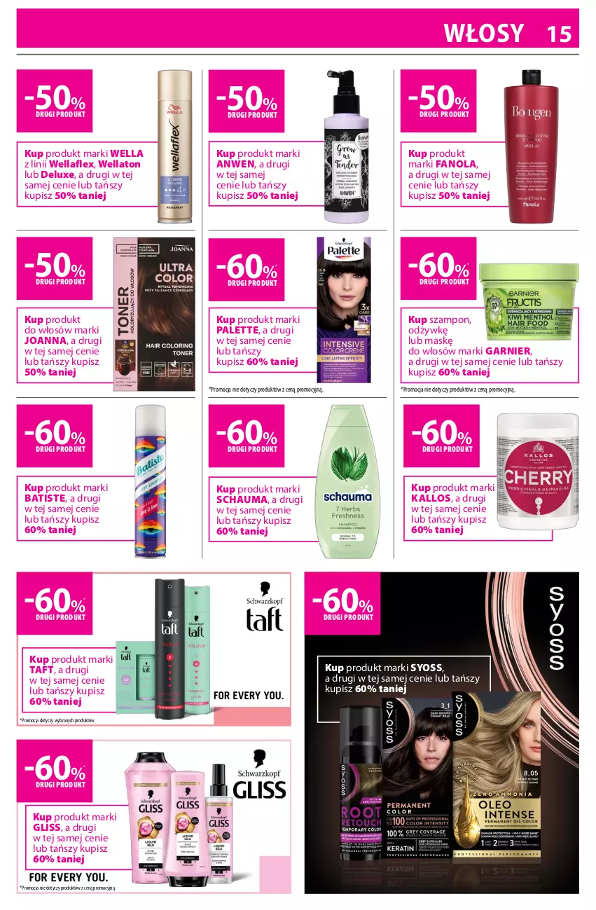 Gazetka promocyjna Hebe - Gazetka - ważna 18.04 do 03.05.2026 - strona 15 - produkty: Batiste, Fa, Garnier, Joanna, Kallos, Palette, Schauma, Syoss, Szampon, Taft, Wella, Wellaflex