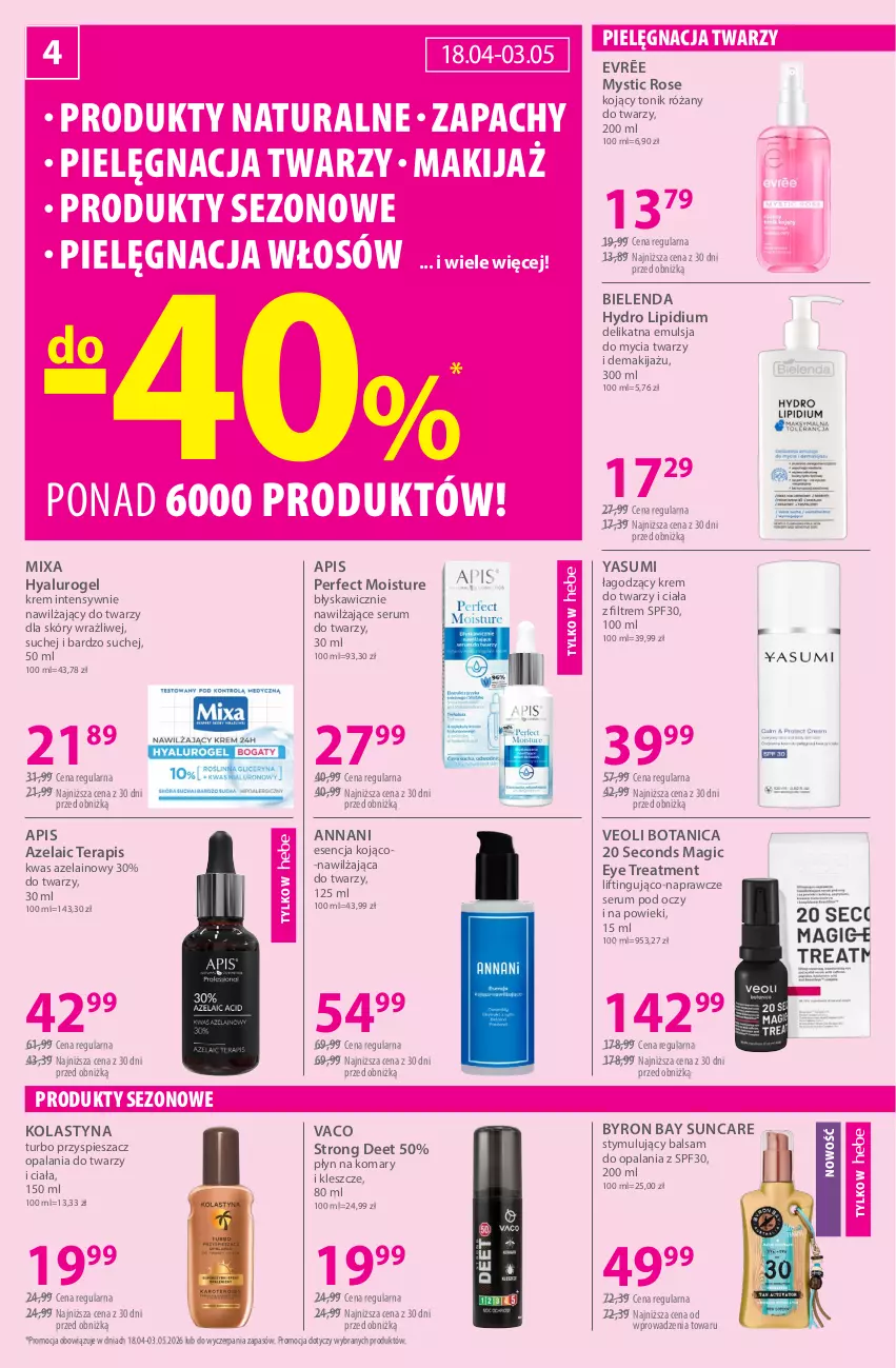Gazetka promocyjna Hebe - Gazetka - ważna 18.04 do 03.05.2026 - strona 4 - produkty: Bielenda, Emulsja, Emulsja do mycia, Krem do twarzy, Makijaż, Mixa, Pielęgnacja włosów, Róża, Rum, Ser, Serum, Serum do twarzy, Serum pod oczy, Tera, Tonik, Veoli Botanica