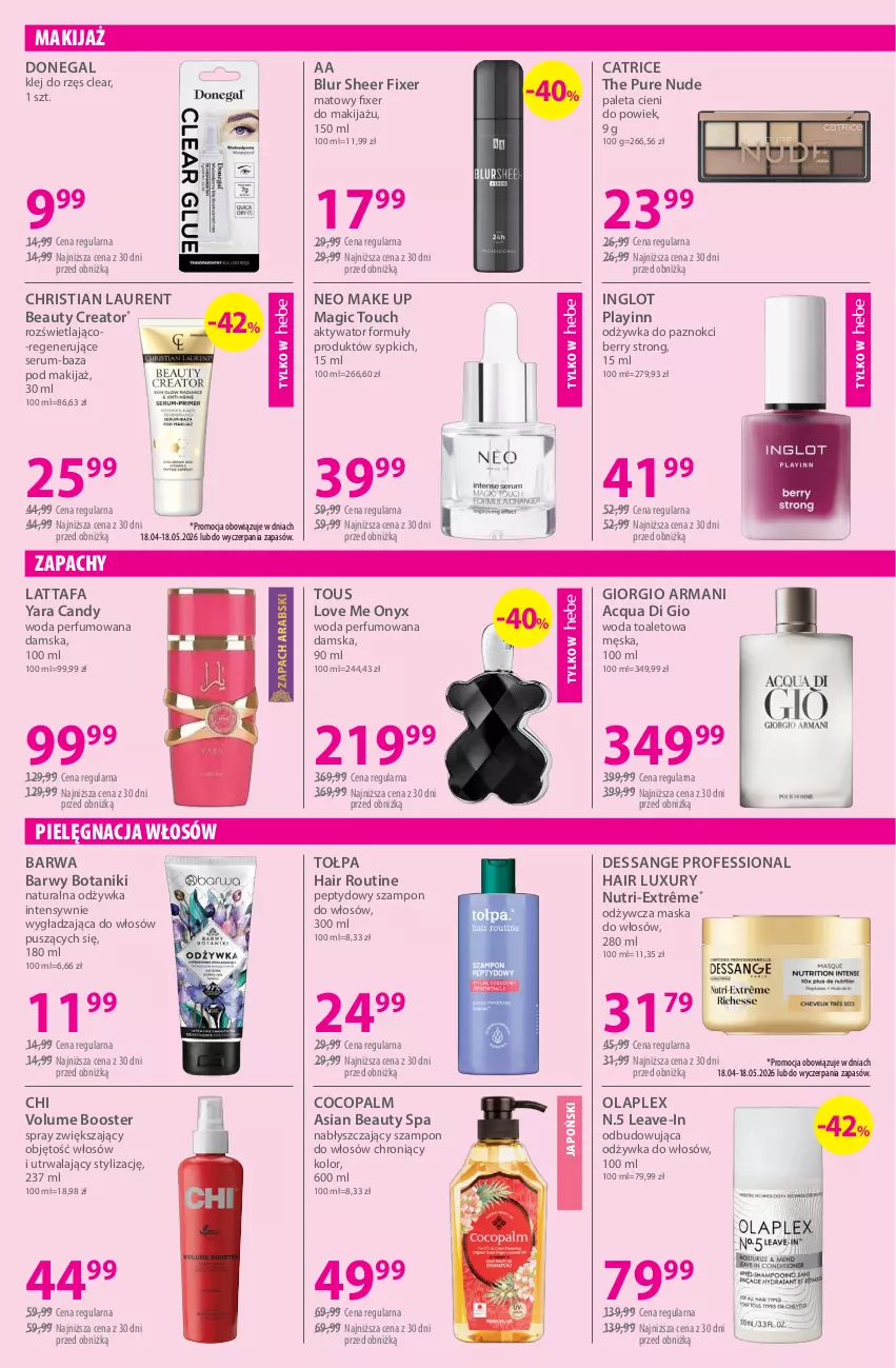 Gazetka promocyjna Hebe - Gazetka - ważna 18.04 do 03.05.2026 - strona 5 - produkty: Booster, Candy, Catrice, Fa, Giorgio Armani, Klej, Laur, Makijaż, Maska, Maska do włosów, Odżywka, Paleta, Perfum, Pielęgnacja włosów, Pur, Rum, Ser, Serum, Szampon, Tołpa, Woda, Woda perfumowana, Woda toaletowa