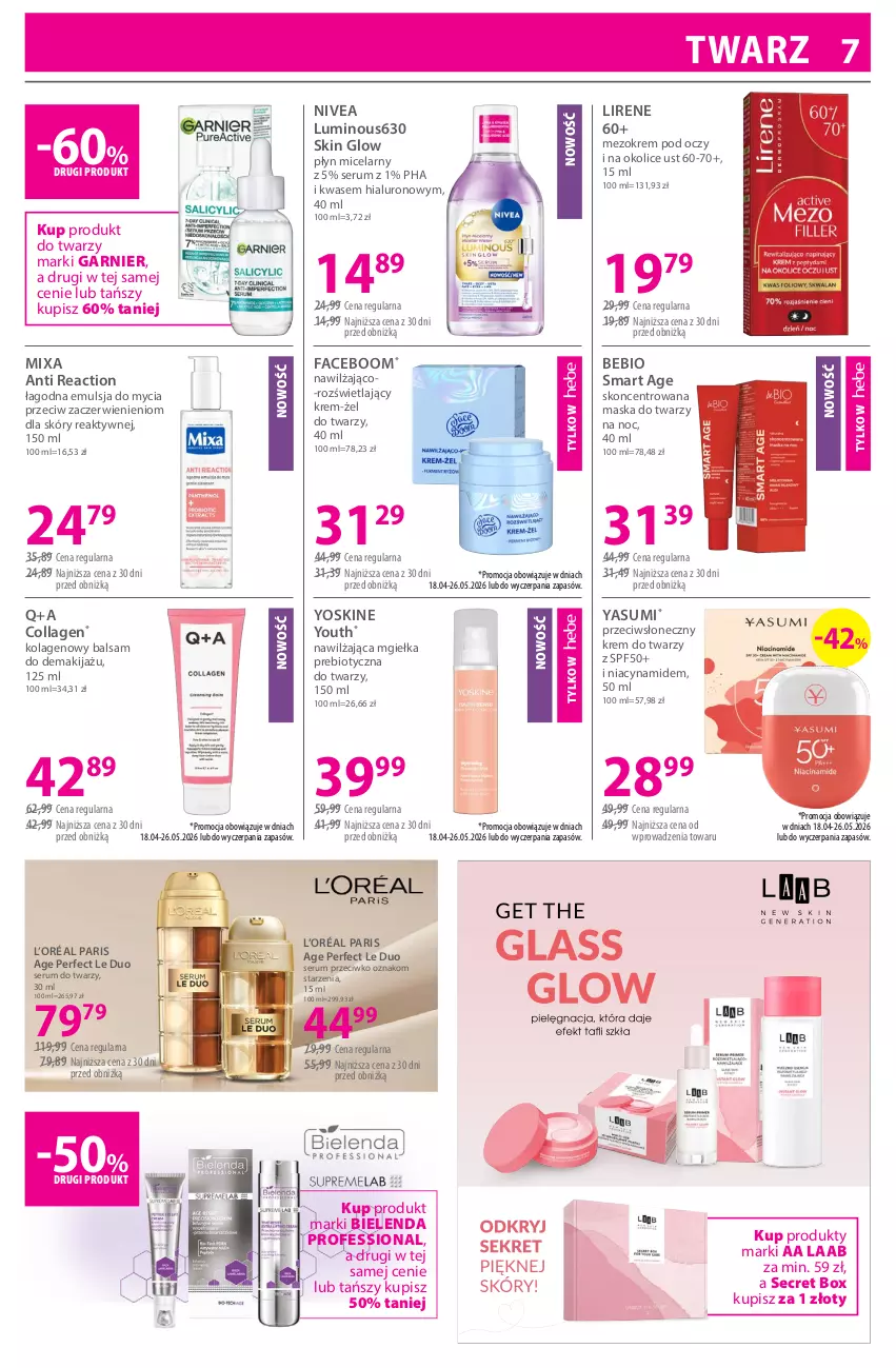 Gazetka promocyjna Hebe - Gazetka - ważna 18.04 do 03.05.2026 - strona 7 - produkty: Bielenda, Emulsja, Emulsja do mycia, Fa, Garnier, Kolagen, Krem do twarzy, Krem pod oczy, L’Oréal, Lirene, Makijaż, Maska, Maska do twarzy, Mixa, Nivea, Płyn micelarny, Rum, Ser, Serum, Serum do twarzy, Yoskine