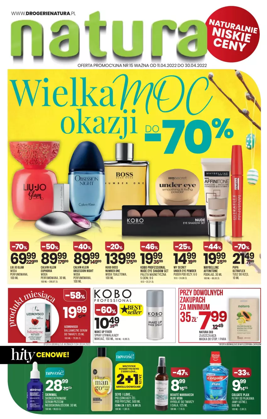 Gazetka promocyjna Drogerie Natura - Gazetka Drogerie Natura - ważna 11.04 do 30.04.2022 - strona 1 - produkty: Ba!, Bell, Hugo Boss, KOBO, Makijaż, Maska, Maska do stóp, Maybelline, Paleta, Perfum, Podkład, Puder, Pupa, Rum, Ser, Serum, SESSIO, Tusz, Woda, Woda toaletowa