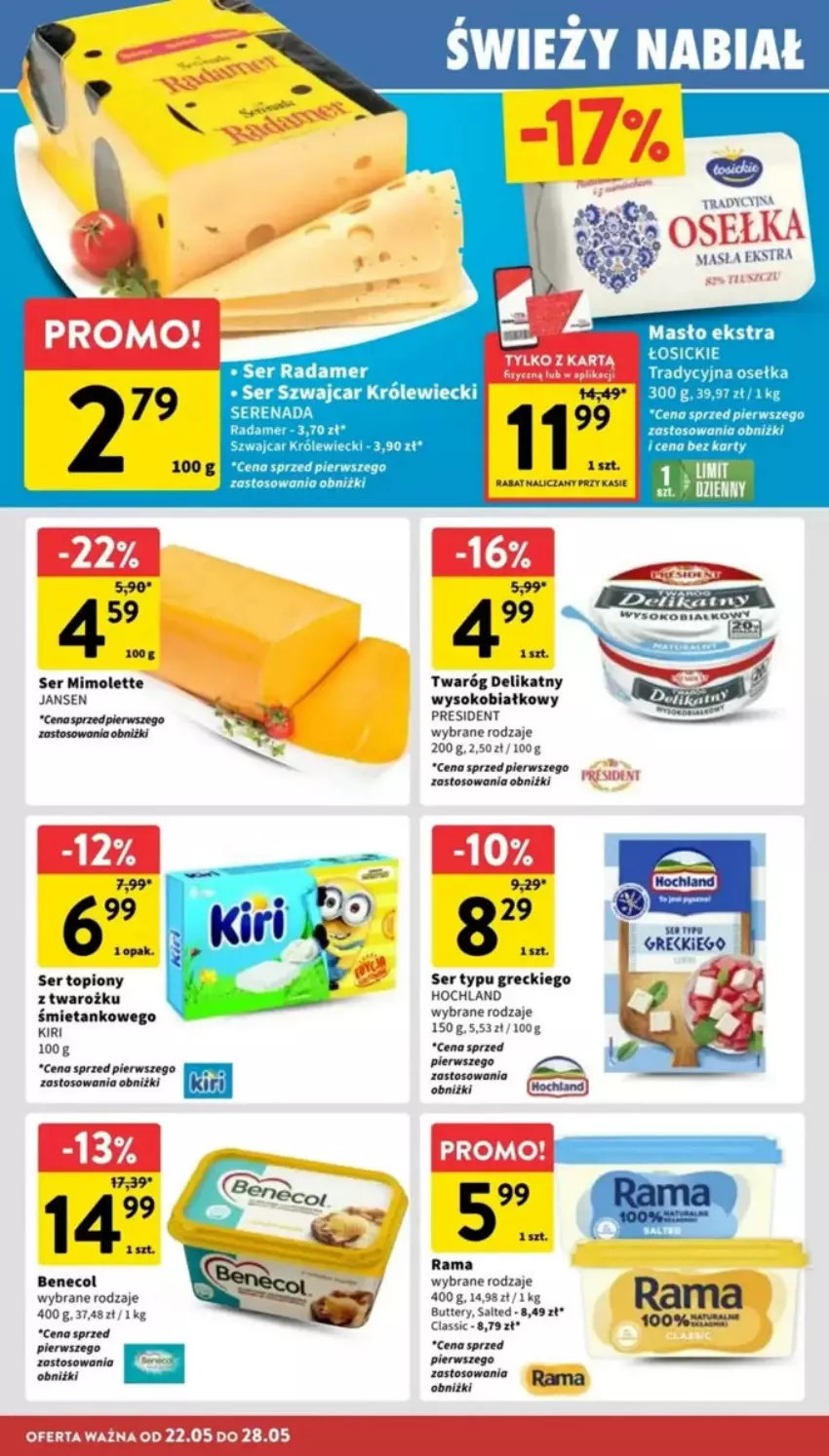 Gazetka promocyjna Intermarche - ważna 22.05 do 28.05.2025 - strona 15 - produkty: Benecol, Chia, Hochland, Masło, Mimolette, Radamer, Rama, Ser, Ser topiony, Sok, Top, Twaróg, Twaróg delikatny