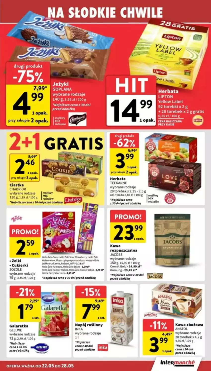 Gazetka promocyjna Intermarche - ważna 22.05 do 28.05.2025 - strona 18 - produkty: Arbuz, Chabrior, Ciastka, Cukier, Cukierki, Gala, Galaretka, Herbata, Inka, Jacobs, Kawa, Kawa rozpuszczalna, Kawa zbożowa, Mus, Napój, Napój roślinny, Teekanne