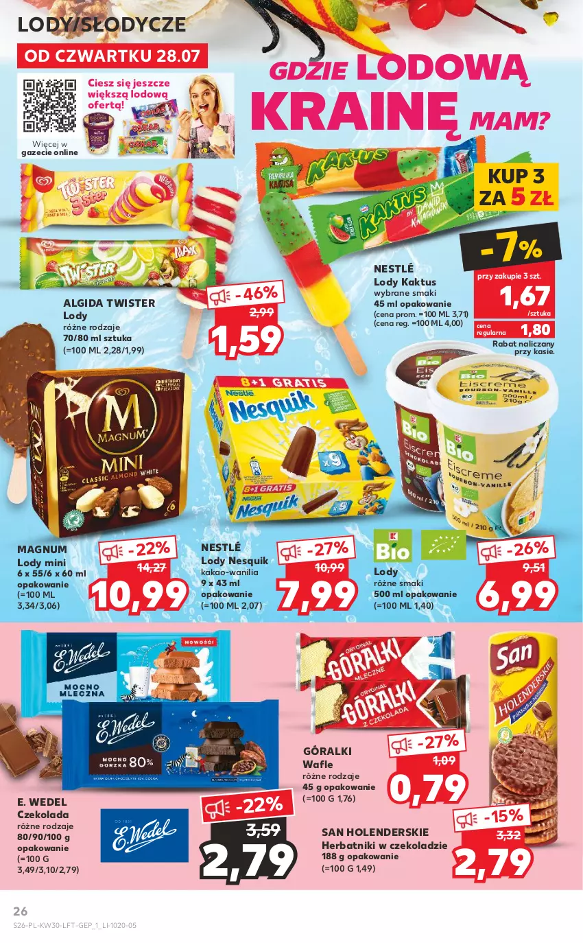 Gazetka promocyjna Kaufland - OFERTA TYGODNIA - ważna 28.07 do 03.08.2022 - strona 26 - produkty: Algida, Czekolada, E. Wedel, Góralki, Herbatniki, Kakao, Kaktus, LG, Lody, Nesquik, Nestlé, Wafle