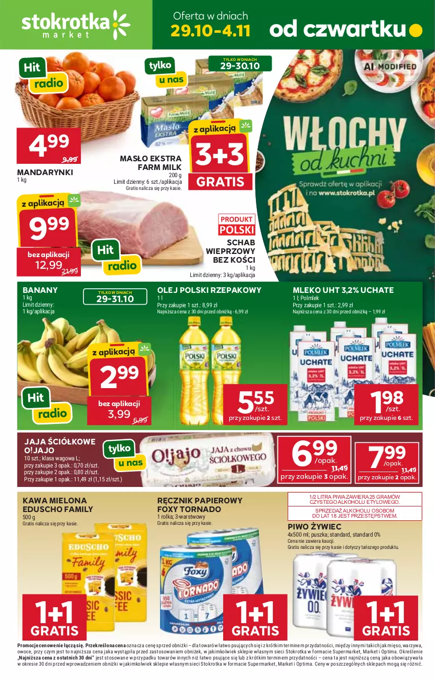 Gazetka promocyjna Stokrotka - Market - ważna 29.10 do 04.11.2026 - strona 1 - produkty: Banany, Fa, Farm Milk, Foxy, Gra, Jaja, Kawa, Kawa mielona, Mandarynki, Masło, Mięso, Mleko, Olej, Optima, Owoce, Papier, Piwa, Piwo, POLMLEK, Ręcznik, Schab wieprzowy, Warzywa