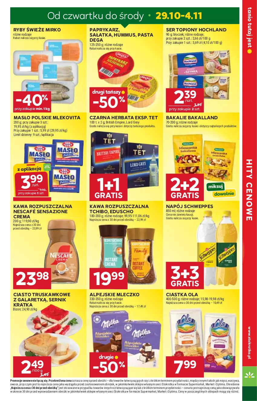 Gazetka promocyjna Stokrotka - Market - ważna 29.10 do 04.11.2026 - strona 6 - produkty: Bakalland, Brit, Ciastka, Dega, Gala, Gra, Herbata, Hochland, Hummus, Kawa, Kawa rozpuszczalna, Masło, Mięso, Mleczko, Mleko, Mlekovita, Mus, Napój, Nescafé, Optima, Owoce, Papryka, Paprykarz, Sałat, Sałatka, Schweppes, Ser, Ser topiony, Tchibo, Top, Vita C, Warzywa