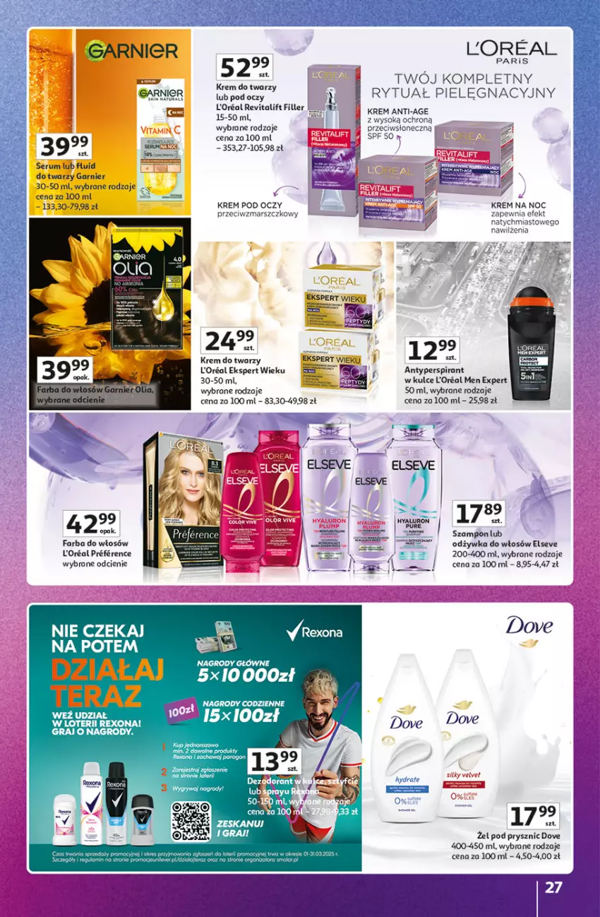 Gazetka promocyjna Auchan - Znane Marki Lubiane Hipermarket - ważna 20.03 do 29.03.2025 - strona 27 - produkty: Antyperspirant, Dove, Elseve, Fa, Farba do włosów, Garnier, Gra, Krem do twarzy, Krem na noc, Krem pod oczy, Mars, Odzywka do włosów, Rum, Ser, Serum, Sok, Szampon