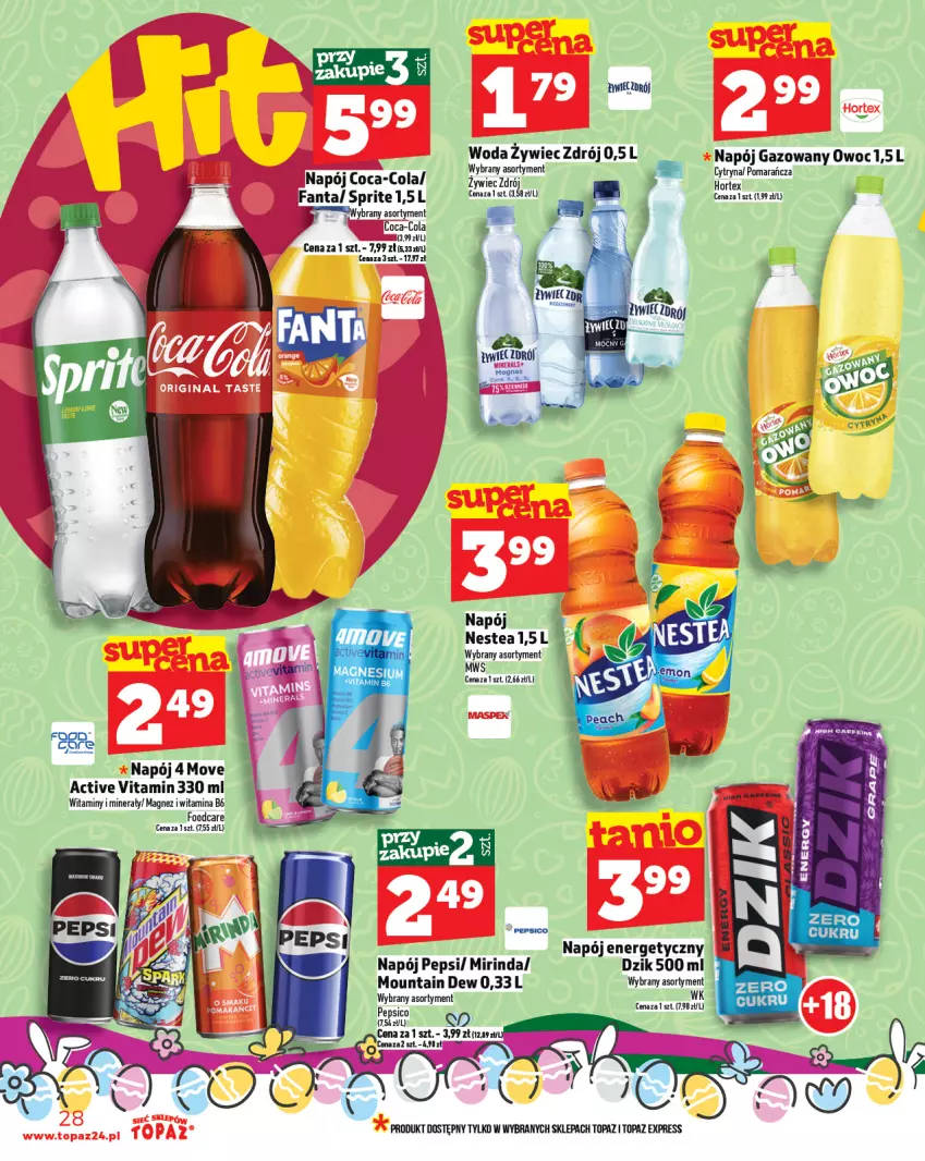 Gazetka promocyjna Topaz - Gazetka - ważna 17.04 do 23.04.2025 - strona 28 - produkty: Coca-Cola, Cynk, Fa, Fanta, Hortex, Magnez, Mirinda, Napój, Napój energetyczny, Napój gazowany, Nestea, Pepsi, Sprite, Top, Woda