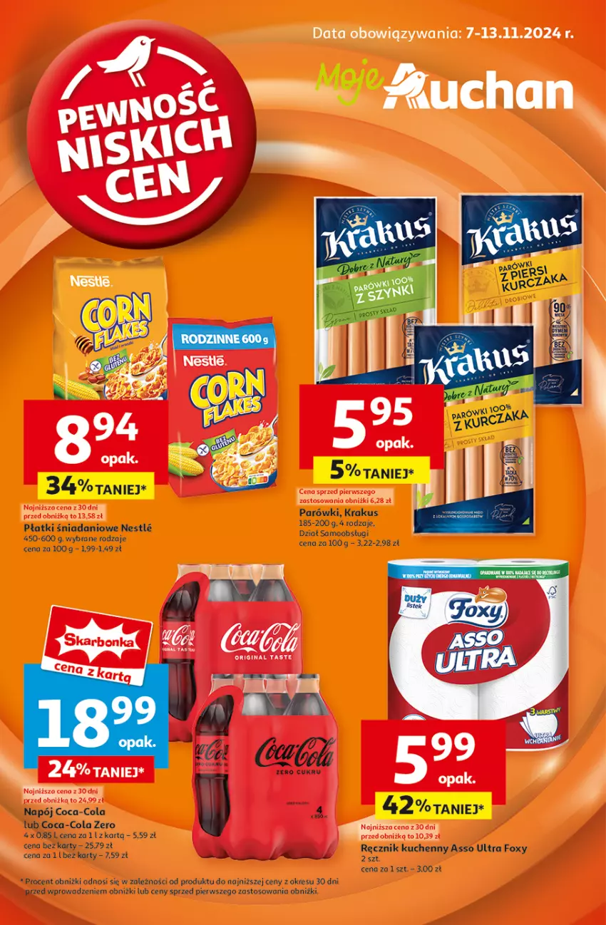 Gazetka promocyjna Auchan - Pewność Niskich Cen Moje - ważna 07.11 do 13.11.2024 - strona 1 - produkty: Coca-Cola, Danio, Gin, Krakus, Napój, Parówki