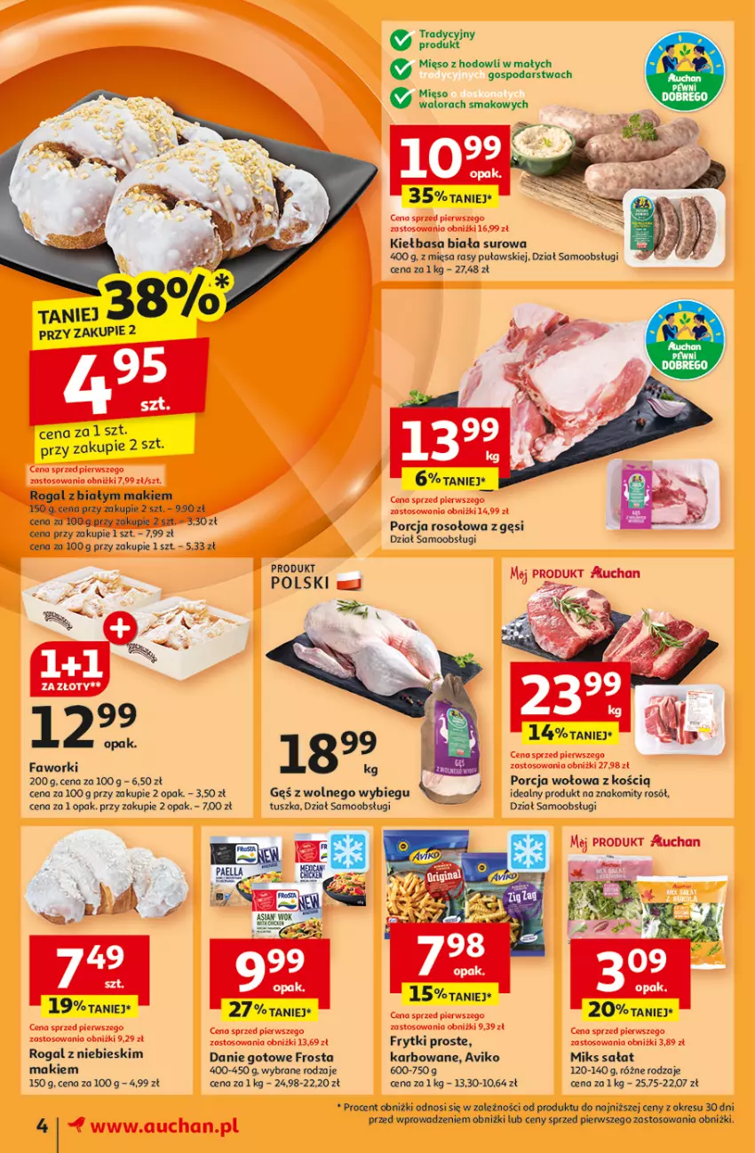 Gazetka promocyjna Auchan - Pewność Niskich Cen Moje - ważna 07.11 do 13.11.2024 - strona 6 - produkty: Danie gotowe, Fa, Faworki, Frosta, Frytki, Kiełbasa, Kiełbasa biała, Mięso, Por, Rogal, Rosół, Sałat, Tusz