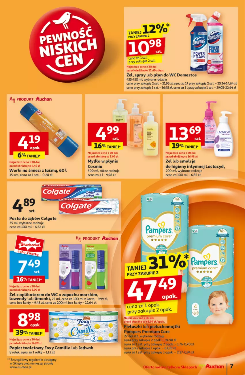 Gazetka promocyjna Auchan - Pewność Niskich Cen Moje - ważna 07.11 do 13.11.2024 - strona 9 - produkty: Colgate, Domestos, Emulsja, Foxy, Lactacyd, LG, Mydło, Mydło w płynie, Papier, Papier toaletowy, Płyn do wc, Worki na śmiec, Worki na śmieci