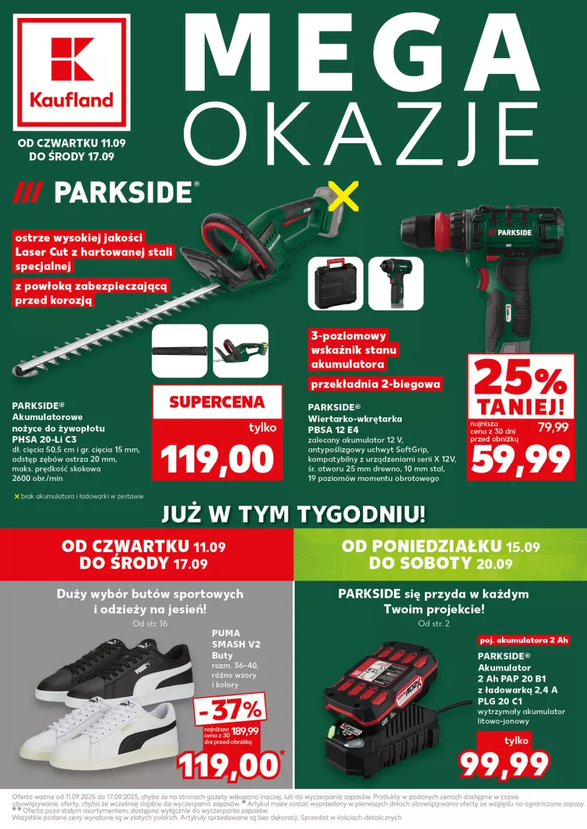 Gazetka promocyjna Kaufland - Kaufland - ważna 11.09 do 17.09.2025 - strona 1 - produkty: Akumulator, Buty, HP, LG, Noż, Nożyce, Parkside, Piec, Por, Puma, Ser, Sok, Sport, Tarka, Wkręt, Wkrętarka