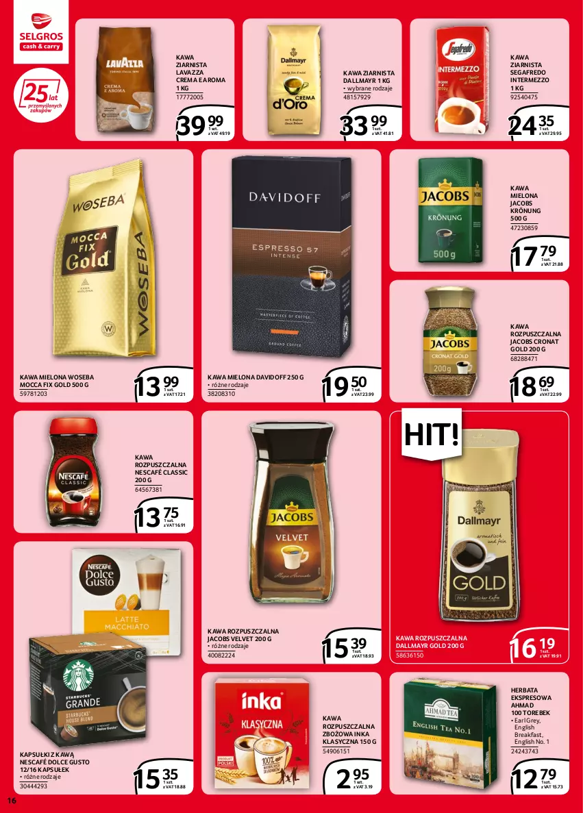 Gazetka promocyjna Selgros - Extra Oferta - ważna 02.06 do 14.06.2022 - strona 16 - produkty: Dallmayr, Davidoff, Dolce Gusto, Earl Grey, Fa, Herbata, Inka, Jacobs, Jacobs Krönung, Jacobs Velvet, Kawa, Kawa mielona, Kawa rozpuszczalna, Kawa ziarnista, Lavazza, Mocca Fix Gold, Nescafé, Segafredo, Velvet, Woseba