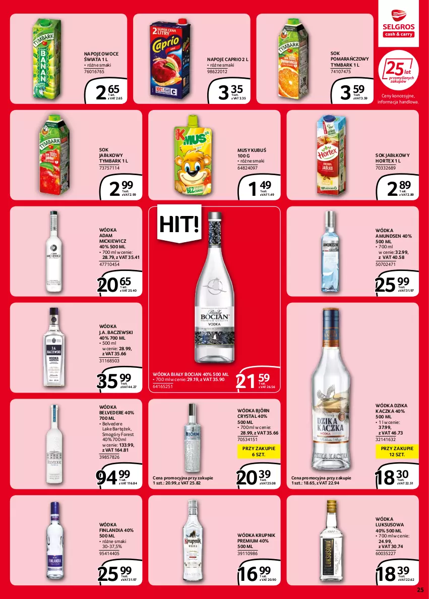 Gazetka promocyjna Selgros - Extra Oferta - ważna 02.06 do 14.06.2022 - strona 25 - produkty: Amundsen, Biały Bocian, Finlandia, Hortex, Kaczka, Krupnik, Kubuś, Mus, Napoje, Owoce, Sok, Sok jabłkowy, Sok pomarańczowy, Tymbark, Wódka