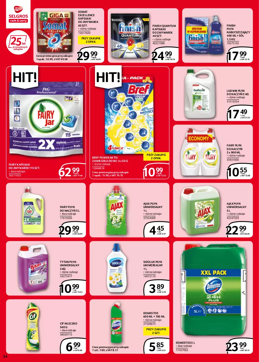 Gazetka promocyjna Selgros - Extra Oferta - ważna 02.06 do 14.06.2022 - strona 34 - produkty: Ajax, Bref, Cif, Domestos, Fa, Fairy, Finish, Ludwik, Mleczko, Płyn nabłyszczający, Sidolux, Sól, Somat, Tytan, Zawieszka do wc