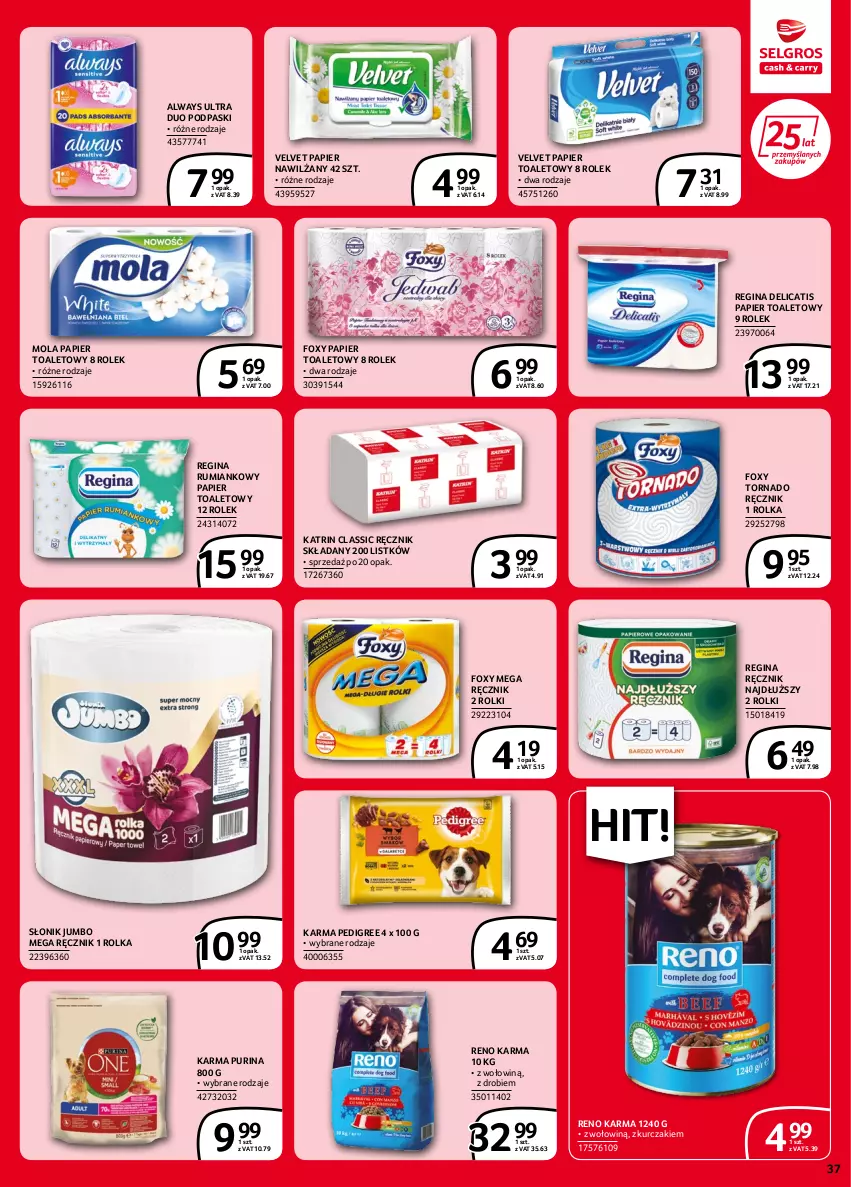 Gazetka promocyjna Selgros - Extra Oferta - ważna 02.06 do 14.06.2022 - strona 37 - produkty: Always, Always Ultra, Foxy, Gin, Kurczak, Mola, Papier, Papier toaletowy, Pedigree, Podpaski, Pur, Purina, Ręcznik, Rolki, Rum, Velvet