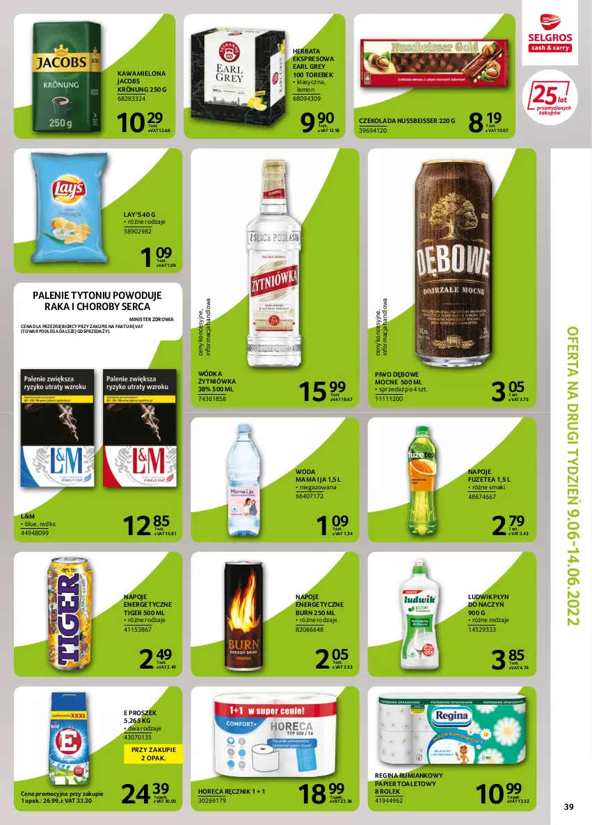 Gazetka promocyjna Selgros - Extra Oferta - ważna 02.06 do 14.06.2022 - strona 41 - produkty: Czekolada, Earl Grey, Fa, Gin, Herbata, Jacobs, Jacobs Krönung, Kawa, Kawa mielona, Lay’s, Ludwik, Napoje, Papier, Papier toaletowy, Piwo, Ręcznik, Rum, Ser, Tiger, Woda, Wódka