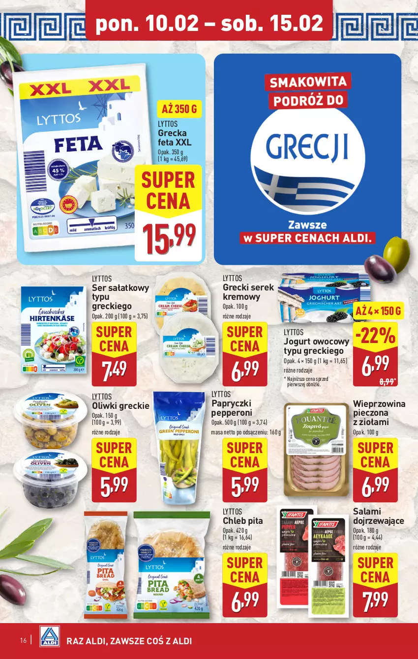 Gazetka promocyjna Aldi - Pełna oferta - ważna 10.02 do 15.02.2025 - strona 16 - produkty: Chleb, Feta, Jogurt, Jogurt owocowy, Oliwki, Piec, Salami, Sałat, Ser, Serek, Wieprzowina