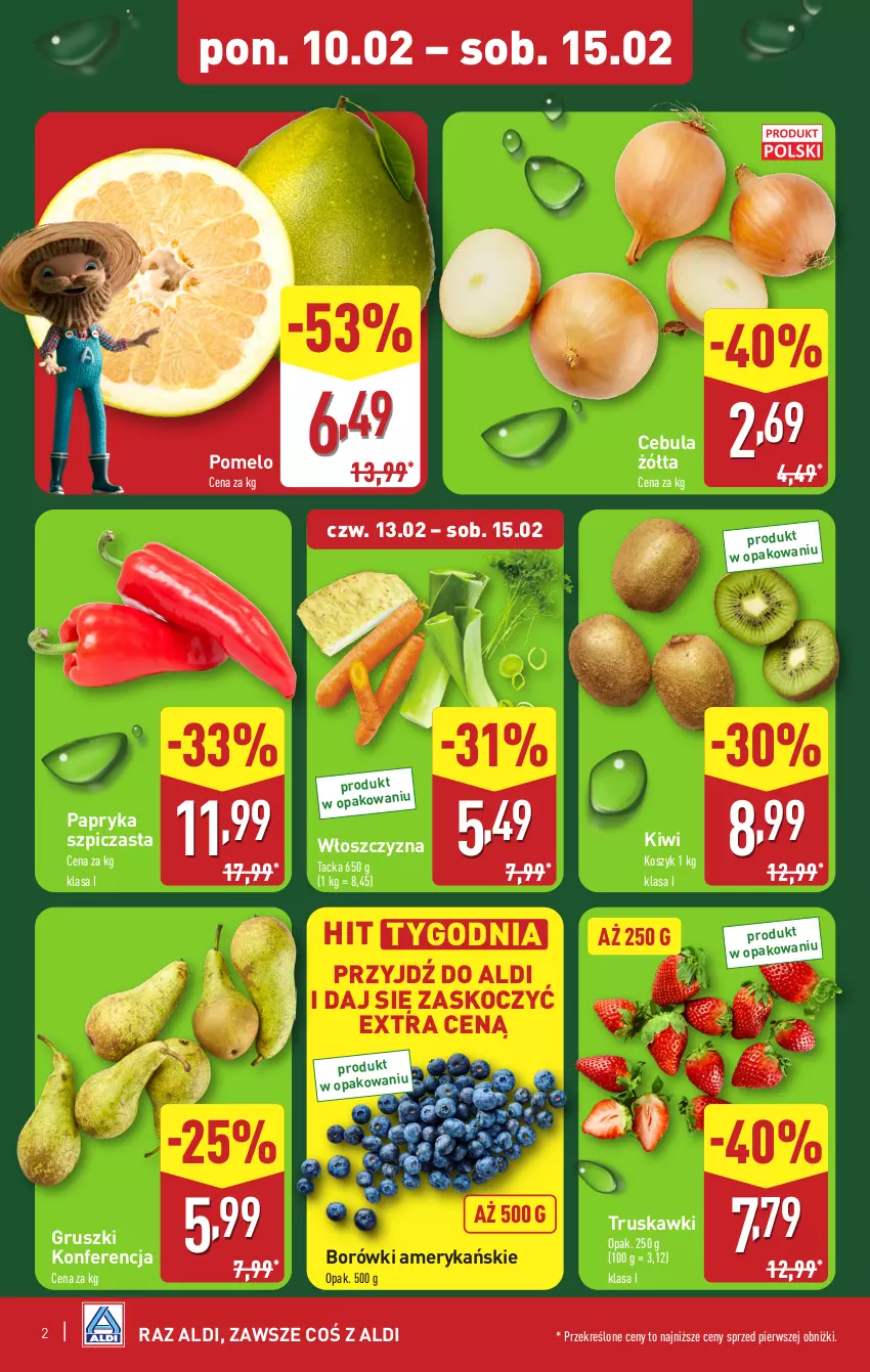 Gazetka promocyjna Aldi - Pełna oferta - ważna 10.02 do 15.02.2025 - strona 2 - produkty: Cebula, Gruszki, Kiwi, Koc, Kosz, Papryka, Pomelo, Szpic, Truskawki