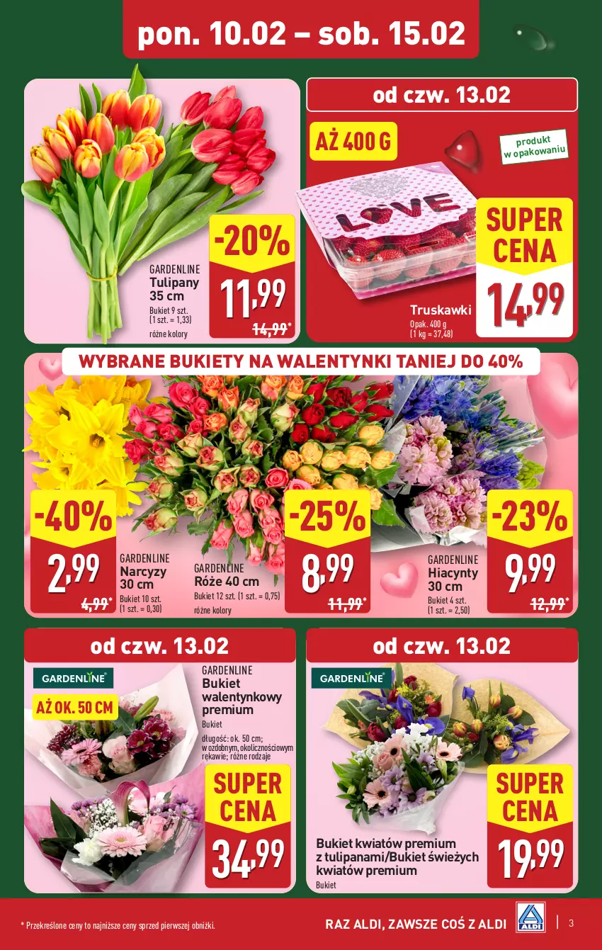 Gazetka promocyjna Aldi - Pełna oferta - ważna 10.02 do 15.02.2025 - strona 3 - produkty: Bukiet, Hiacynt, Narcyz, Truskawki, Tulipan