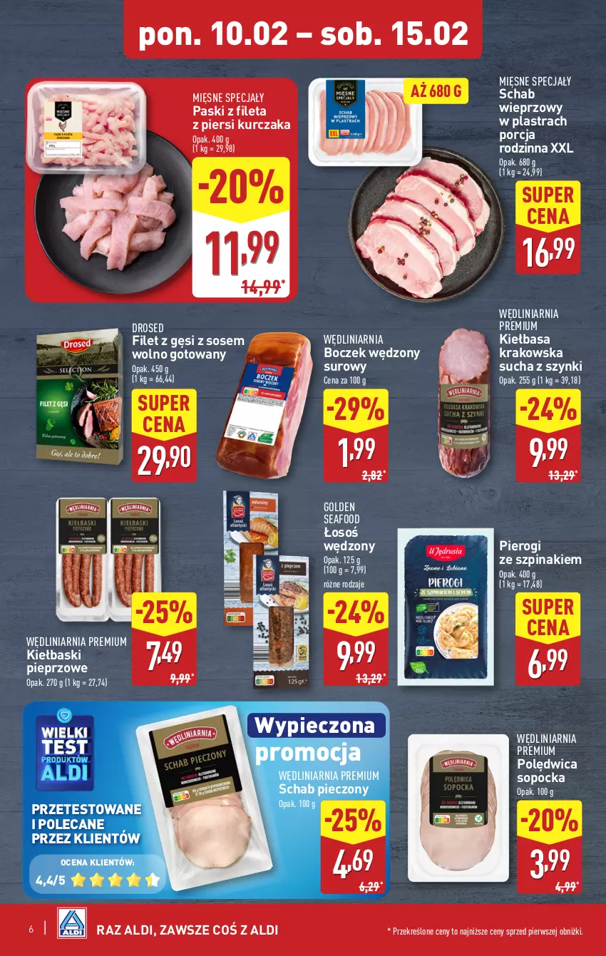 Gazetka promocyjna Aldi - Pełna oferta - ważna 10.02 do 15.02.2025 - strona 6 - produkty: Boczek, Golden Seafood, Kiełbasa, Kiełbasa krakowska, Kiełbaski pieprzowe, Kurczak, Mięsne specjały, Piec, Pieprz, Pierogi, Polędwica, Por, Schab pieczony, Schab wieprzowy, Sos, Szpinak