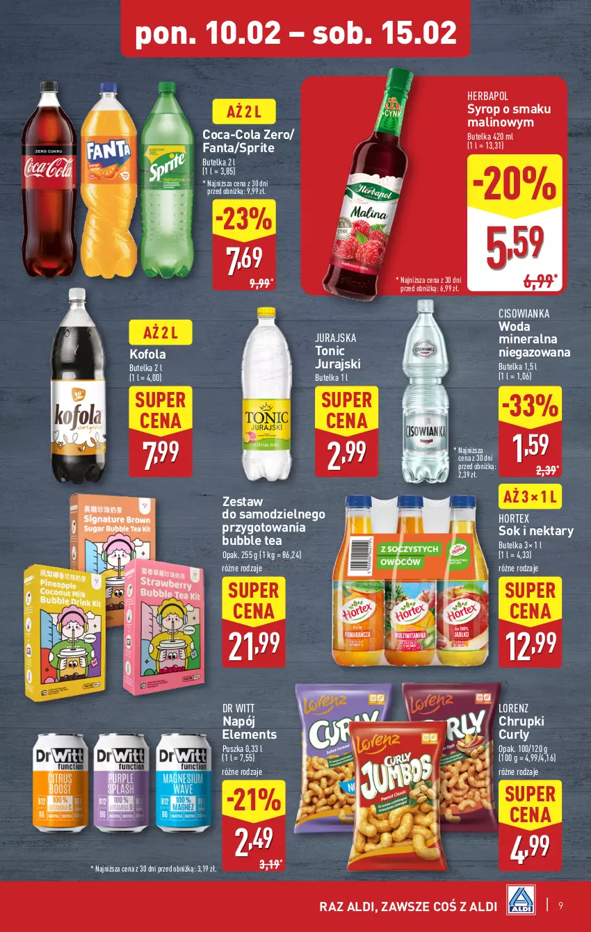 Gazetka promocyjna Aldi - Pełna oferta - ważna 10.02 do 15.02.2025 - strona 9 - produkty: Chrupki, Cisowianka, Coca-Cola, Fa, Fanta, Herbapol, Hortex, Lorenz, Napój, Nektar, Sok, Sprite, Syrop, Woda, Woda mineralna