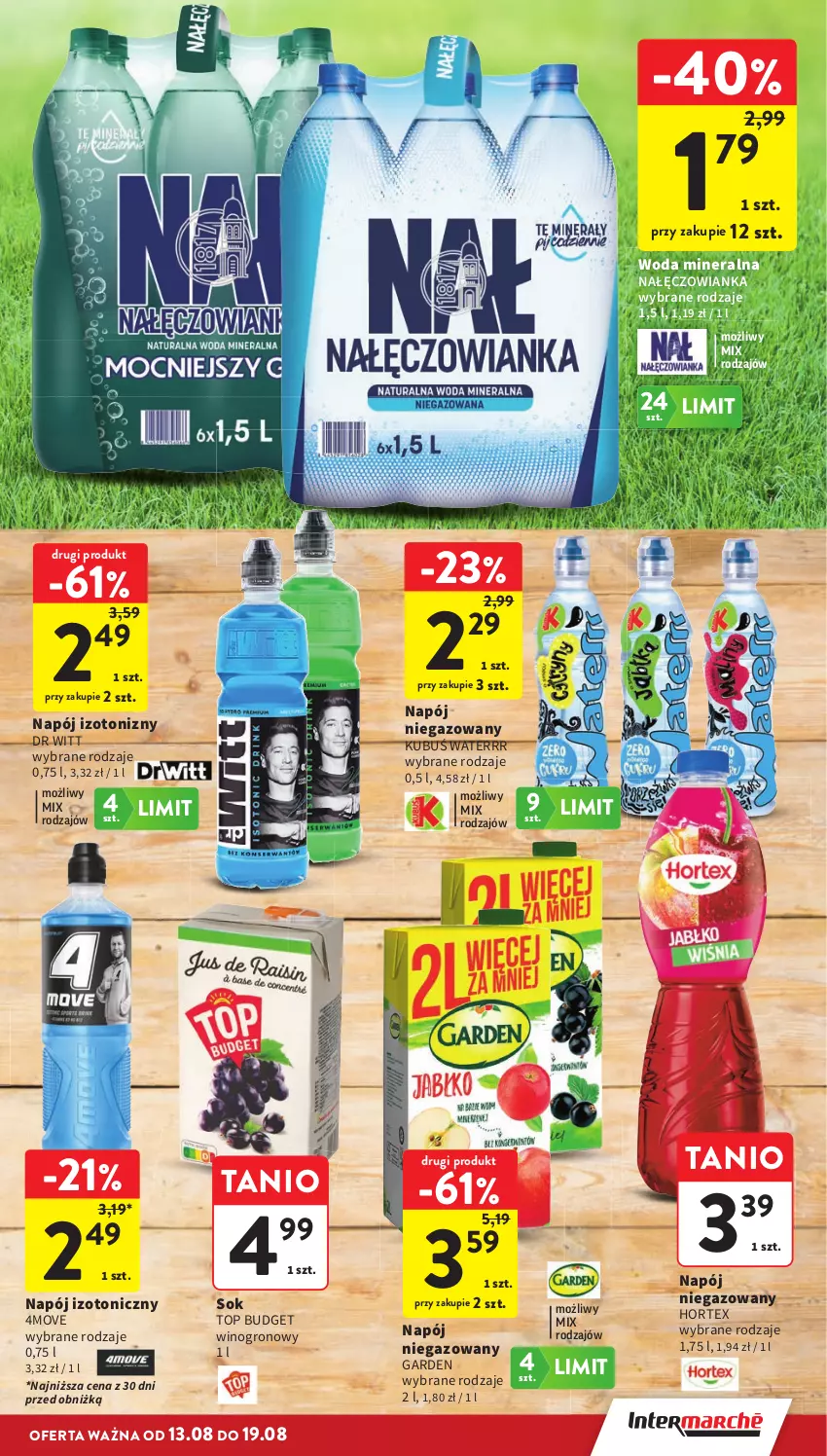 Gazetka promocyjna Intermarche - Gazetka promocyjna - ważna 13.08 do 19.08.2026 - strona 15 - produkty: Hortex, Kubuś, Kubuś Waterrr, Nałęczowianka, Napój, Napój izotoniczny, Napój niegazowany, Sok, Top, Wino, Woda, Woda mineralna