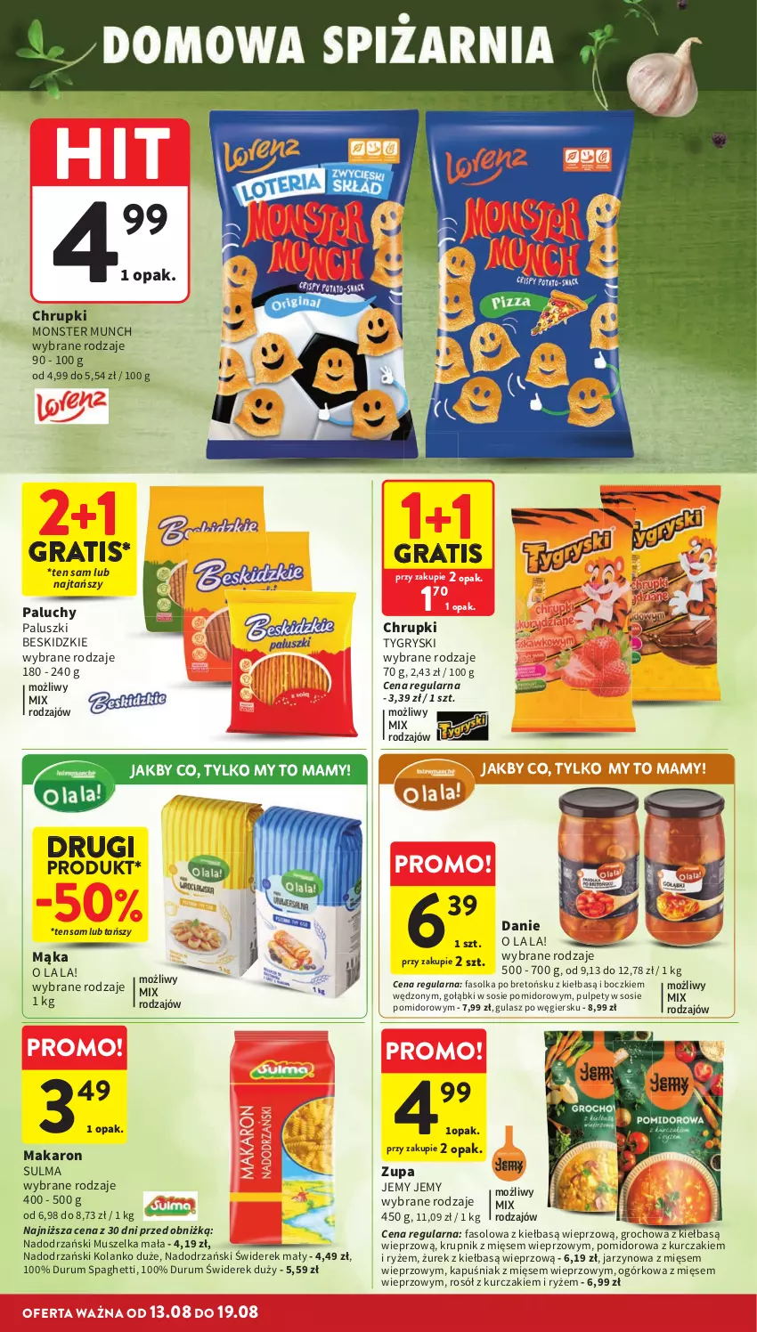 Gazetka promocyjna Intermarche - Gazetka promocyjna - ważna 13.08 do 19.08.2026 - strona 32 - produkty: Beskidzki, Chrupki, Fa, Gra, Groch, Gry, Krupnik, Kurczak, Mąka, Makaron, Monster Munch, Mus, Pulpety, Rosół, Rum, Ryż, Sos, Spaghetti, Zupa
