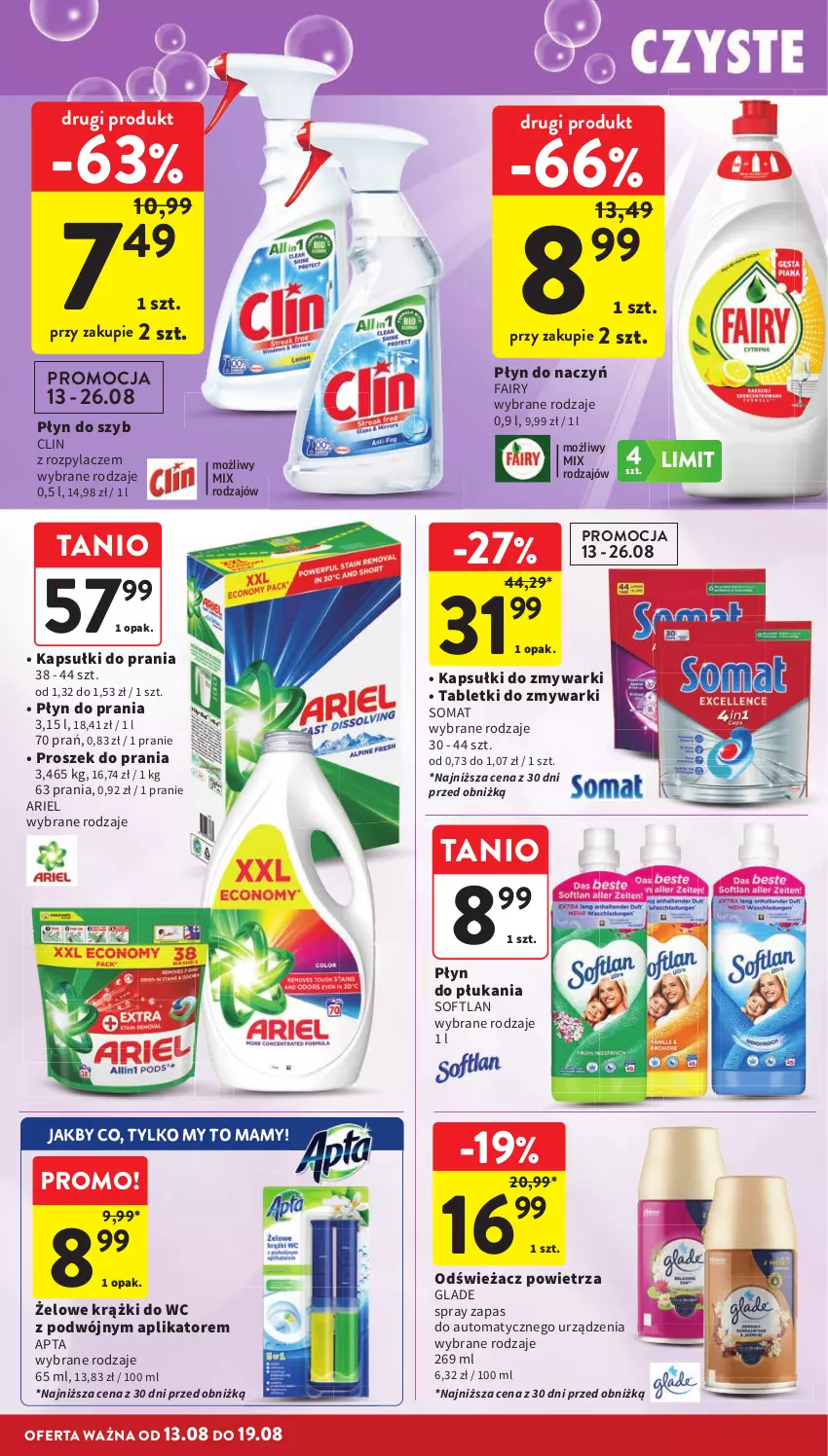 Gazetka promocyjna Intermarche - Gazetka promocyjna - ważna 13.08 do 19.08.2026 - strona 38 - produkty: Ariel, Clin, Fa, Fairy, Kapsułki do prania, Odświeżacz powietrza, Płyn do płukania, Płyn do prania, Płyn do szyb, Proszek do prania, Somat, Tablet, Tabletki do zmywarki, Zmywarki