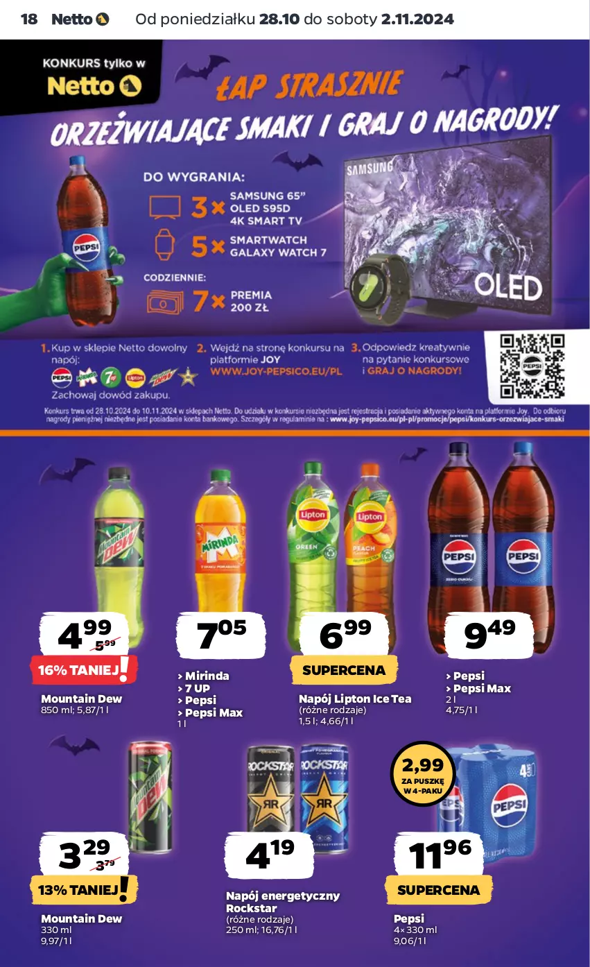 Gazetka promocyjna Netto - Netto Gazetka Food 44/24A - ważna 28.10 do 02.11.2024 - strona 18 - produkty: Ice tea, Lipton, Mirinda, Napój, Napój energetyczny, Pepsi, Pepsi max