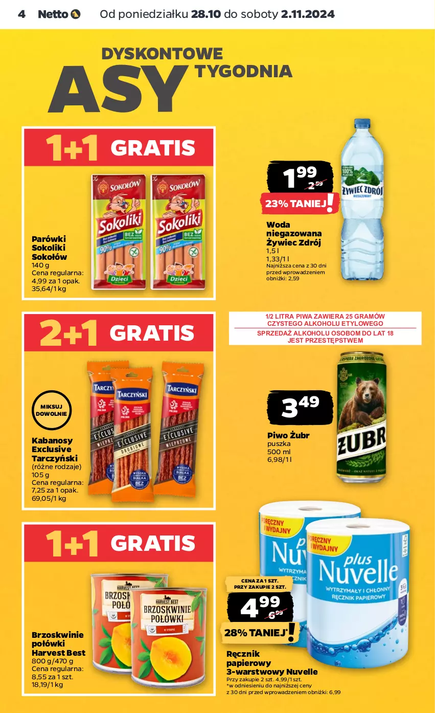 Gazetka promocyjna Netto - Netto Gazetka Food 44/24A - ważna 28.10 do 02.11.2024 - strona 4 - produkty: Brzoskwinie, Gra, Kabanos, Papier, Parówki, Parówki sokoliki, Piwa, Piwo, Ręcznik, Sok, Sokołów, Tarczyński, Woda, Woda niegazowana