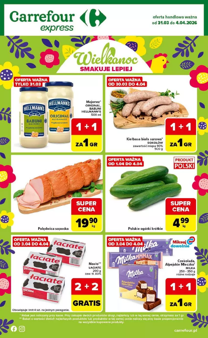 Gazetka promocyjna Carrefour - Gazetka Express - ważna 31.03 do 04.04.2026 - strona 1 - produkty: Babuni, Czekolada, Gin, Kiełbasa, Kiełbasa biała, Majonez, Masło, Milka, Mleczko, Polędwica, Sok, Sokołów