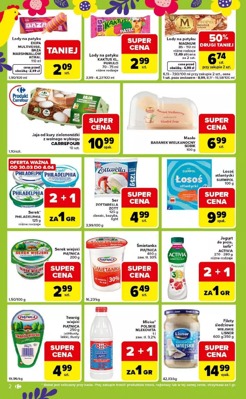 Gazetka promocyjna Carrefour - Gazetka Express - ważna 31.03 do 04.04.2026 - strona 2 - produkty: Activia, Bazyl, Bazylia, Jaja, Jogurt, Kaktus, Kefir, Lody, Mars, Masło, Mleko, Mlekovita, Philadelphia, Piątnica, Pur, Ser, Serek, Serek wiejski, Suempol, Twaróg, Zott, Zottarella