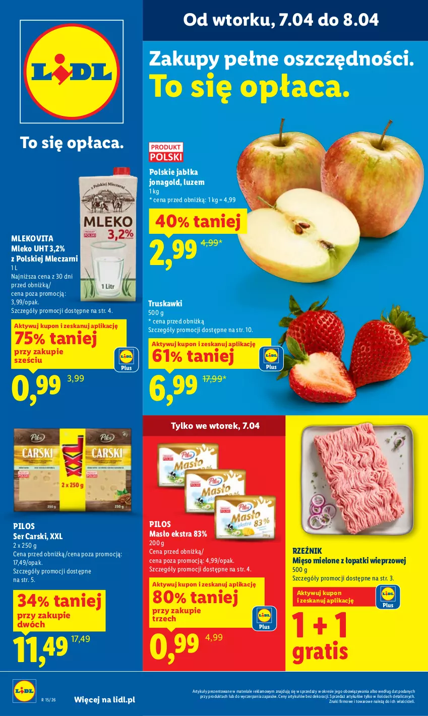 Gazetka promocyjna Lidl - Gazetka ważna od 7.04 do 8.04 - ważna 07.04 do 08.04.2026 - strona 1 - produkty: Cars, Gra, Jabłka, Jonagold, Masło, Mięso, Mięso mielone, Mięso mielone z łopatki wieprzowej, Mleko, Mlekovita, Pilos, Ser, Truskawki