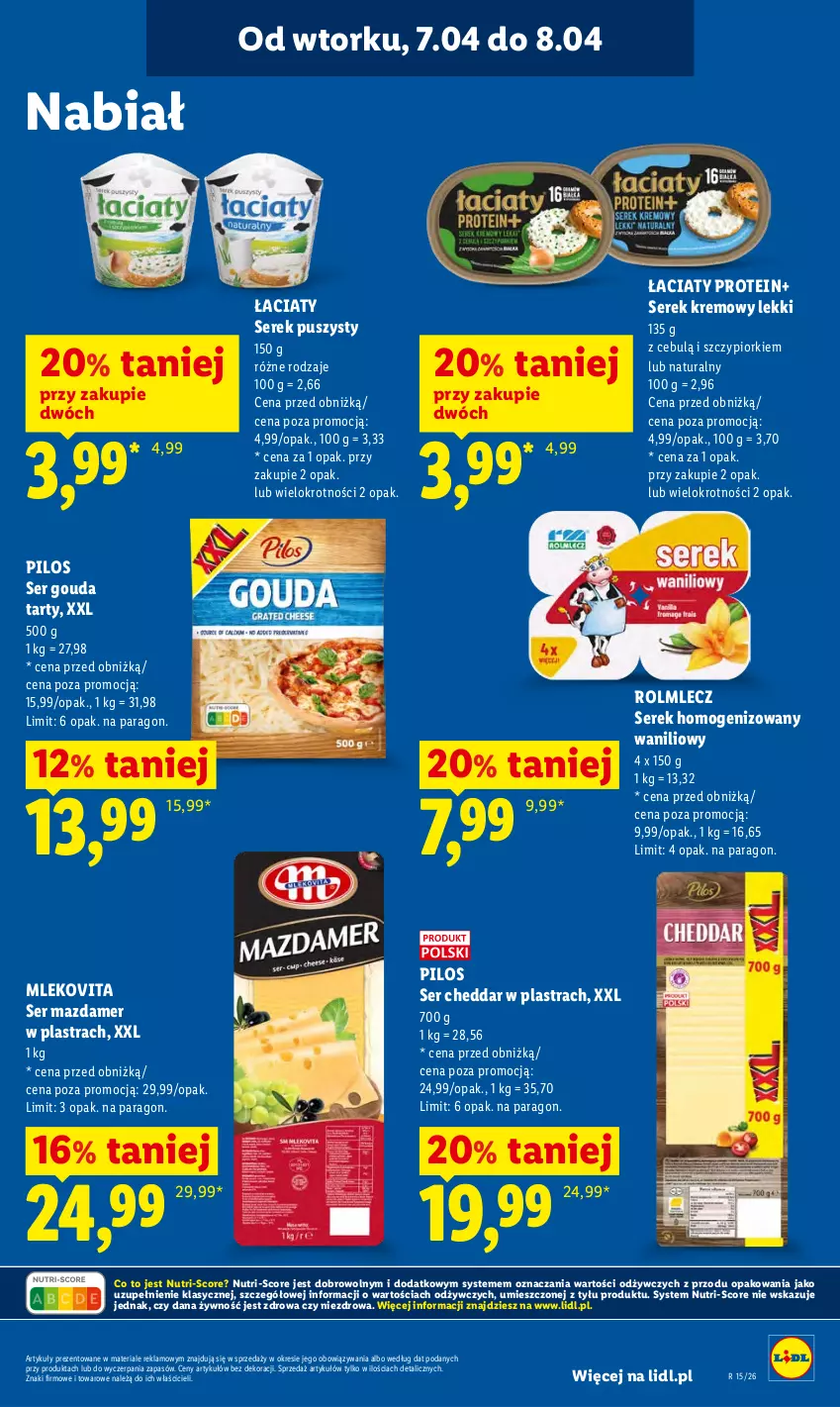 Gazetka promocyjna Lidl - Gazetka ważna od 7.04 do 8.04 - ważna 07.04 do 08.04.2026 - strona 21 - produkty: Cheddar, Gouda, Mazdamer, Mleko, Mlekovita, Pilos, Rolmlecz, Ser, Serek, Serek homogenizowany, Serek puszysty
