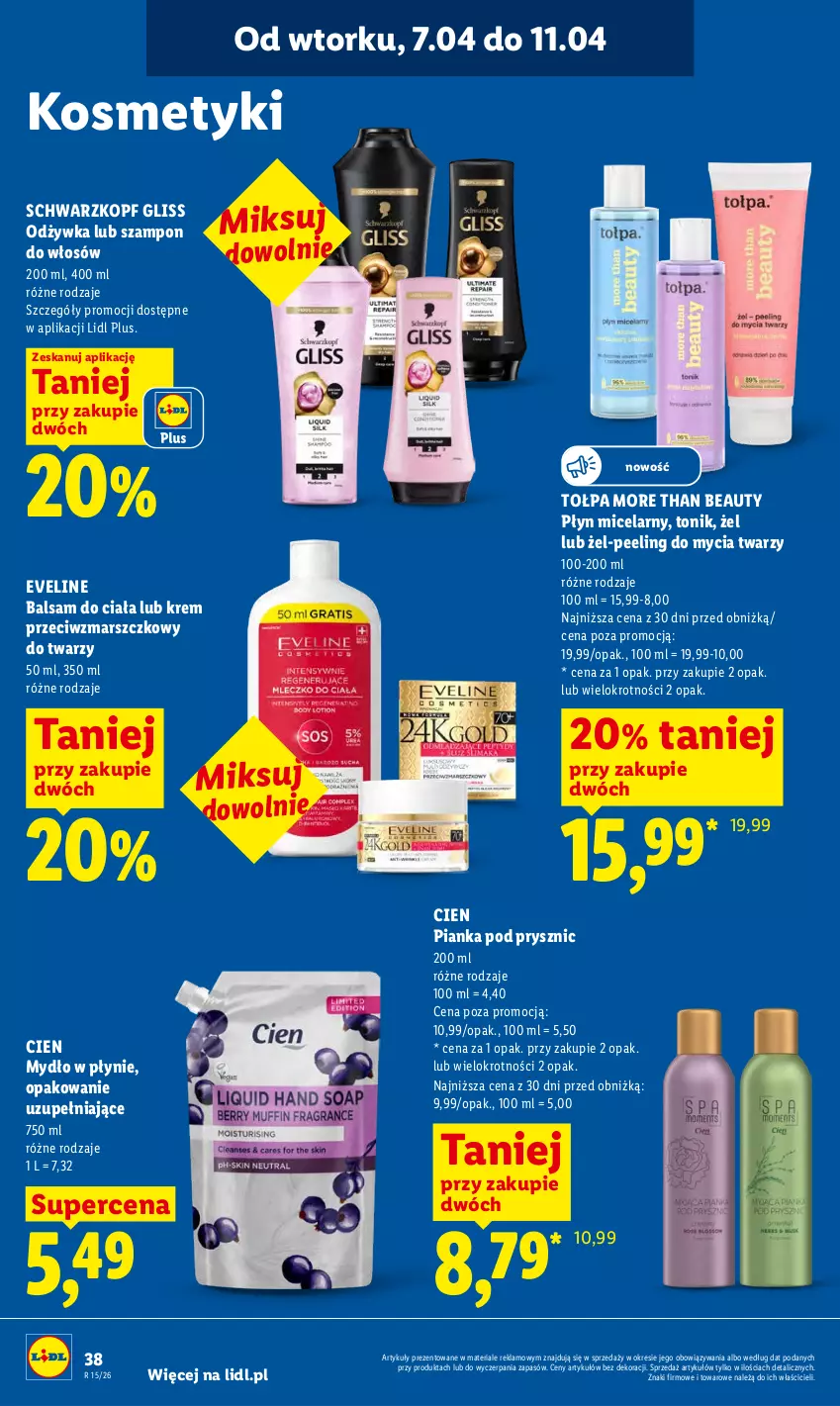 Gazetka promocyjna Lidl - Gazetka ważna od 7.04 do 8.04 - ważna 07.04 do 08.04.2026 - strona 42 - produkty: Balsam do ciała, Eveline, Krem przeciwzmarszczkowy, Mars, Mydło, Mydło w płynie, Odżywka, Peeling, Pianka pod prysznic, Płyn micelarny, Schwarzkopf, Szampon, Tołpa, Tonik