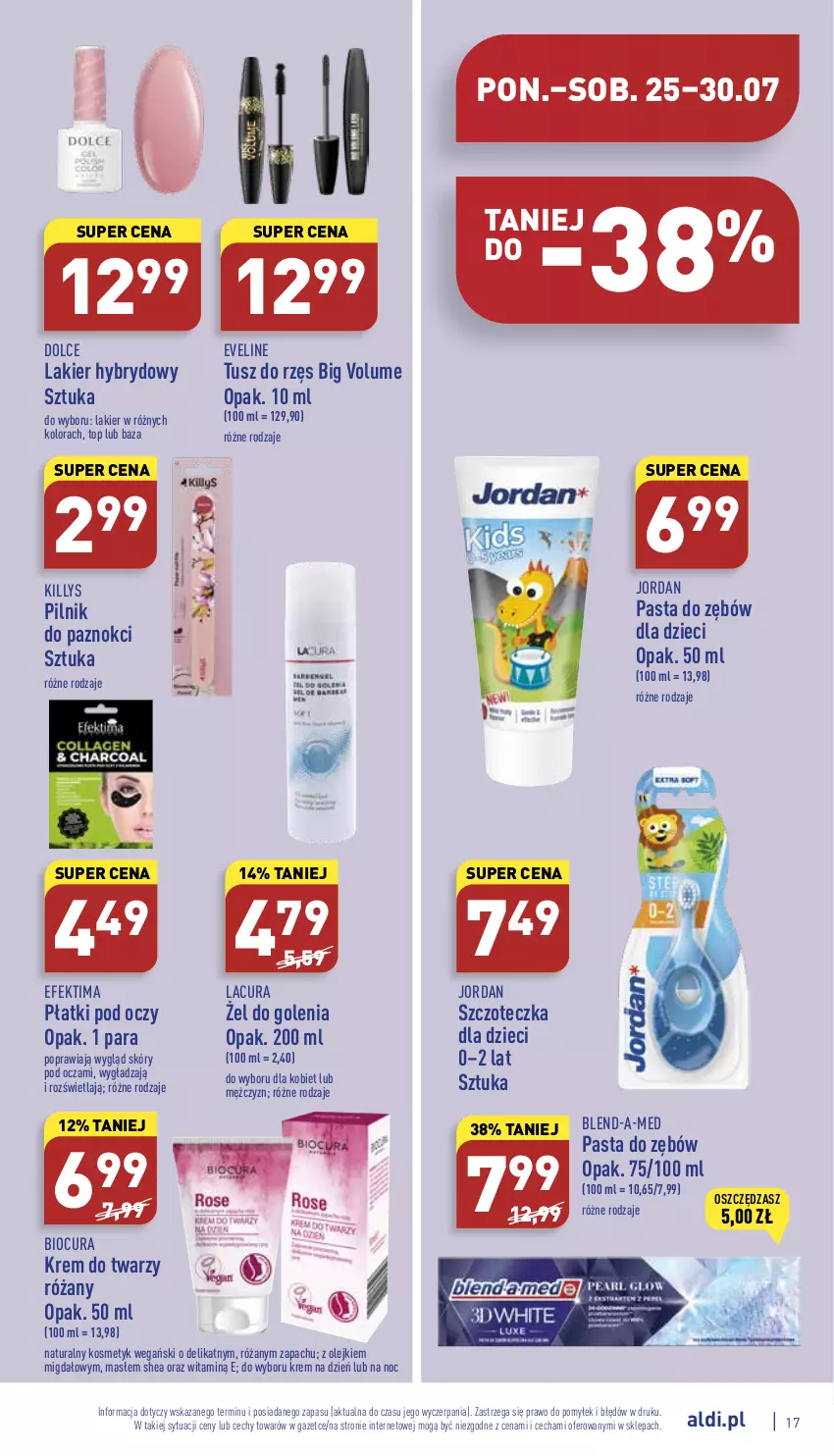 Gazetka promocyjna Aldi - Katalog spożywczy - ważna 25.07 do 30.07.2022 - strona 17 - produkty: Blend-a-Med, Dzieci, Eveline, Killys, Krem do twarzy, Krem na dzień, Lakier, Lakier hybrydowy, Olej, Pasta do zębów, Pilnik, Pilnik do paznokci, Róża, Szczoteczka, Top, Tusz